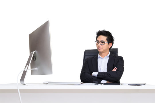 Portrial smart asian confident businessman sitting on chair work