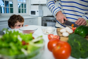Boy looking while father chopping vegetables