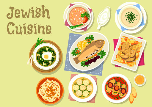 Jewish cuisine traditional dishes for dinner icon
