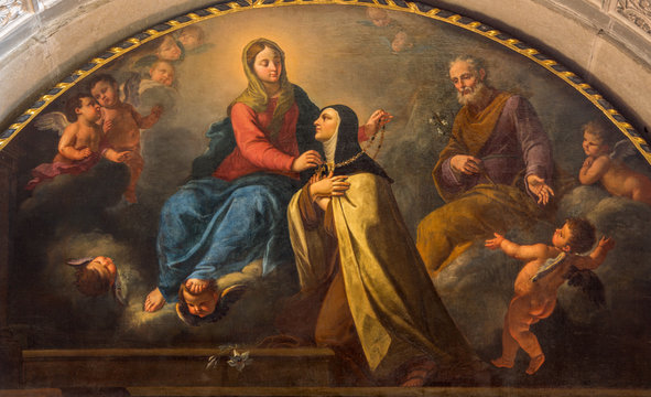 BRESCIA, ITALY - MAY 22, 2016: The painting St. Theresia getting from Madonna the gold necklace in Chiesa di San Pietro in Olvieto by D. Carretto (1696).