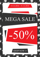 Vector promotional Mega Sale banner for online stores, websites, retail posters, social media ads. Creative banner layout for m-commerce, mobile applications, e-mail promotions.
