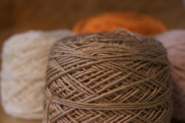 Balls of wool cotton silk Brown Pink White and Orange