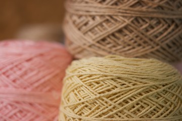 Balls of wool cotton silk Brown Brown Beige and Pink close up