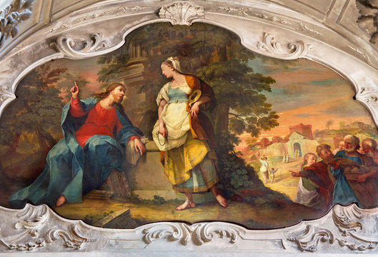 BRESCIA, ITALY - MAY 22, 2016: Painting of Jesus and Samaritans at well scene in the church Chiesa di Santa Maria dei Miracoli by Enrico Albricci (1749 - 1754)