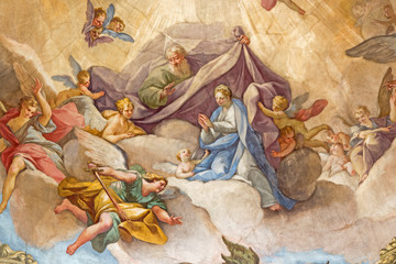 BRESCIA, ITALY - MAY 22, 2016: The fresco Glory of Virgin on cupola of church Chiesa di San Francesco d'Assisi by Giovanni Battista Sassi (1679 - 1762)