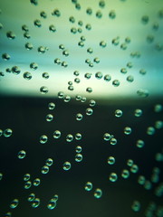 Oxygen bubbles extreme closeup in glass of water