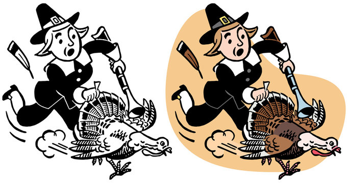 Pilgrim chasing a Thanksgiving turkey