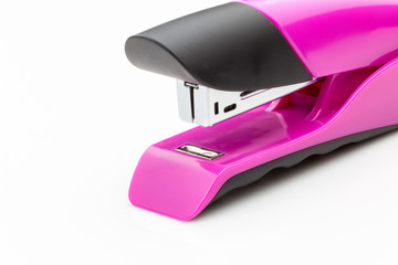 Pink Stapler close up on a white background.