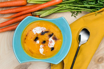 Carrot soup. Soup puree. Vegetarian menu.