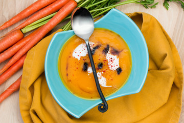 Carrot soup. Cream soup. Vegetarian menu.