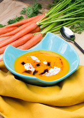 Carrot soup. Cream soup. Vegetarian menu.