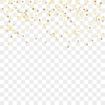 Gold star confetti celebration, isolated on transparent background. Falling golden abstract decoration for party, birthday celebrate, anniversary event, festive. Festival decor. Vector illustration