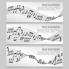 Music banners vector set with notes and sound wave