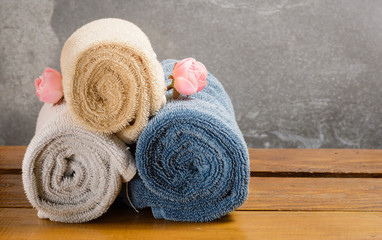 bath towel on wood table