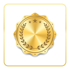 Seal award gold icon. Blank medal with laurel wreath, isolated on white background. Golden design emblem. Symbol of assurance, winner, guarantee and best label, premium, quality. Vector illustration