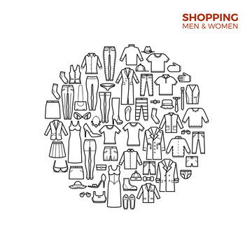 Fashion and shopping concept with clothes thin line vector icons