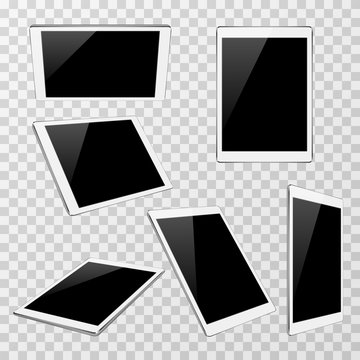 White vector tablet at different angles of view isolated on transparent plaid background