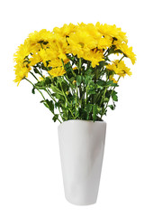 Colorful autumn yellow flower bouquet arrangement centerpiece in vase isolated on white background.
