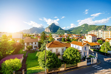 Beautiful cityscape view on the old residential district with mountains in Grenoble city on the...