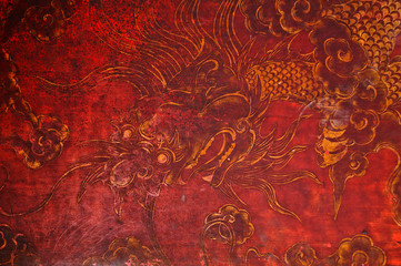 Red ancient old Asian Vietnamese dragon drawing background in Vietnam