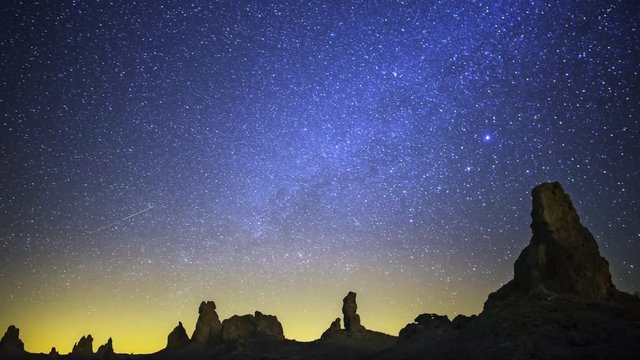 Astrophotography time lapse with pan left motion of milky way galaxy over tufa formation at Trona Pinnacles, California