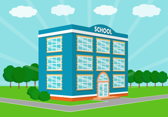 Blue school building over landscape background in perspective view. Vector illustration.