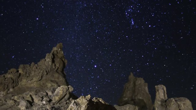 2 axis motion controlled astrophotography time lapse with tilt up, pan right & zoom in motion of constellation Orion over tufa towers at Trona Pinnacles, California
