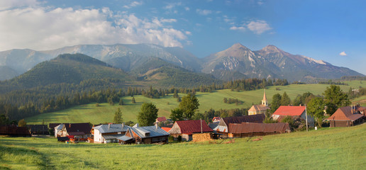 Panorama of Belianske Tatry mountains and Zdiar village.