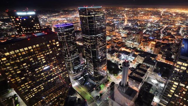 Time Lapse of Downtown LA Night City Lights -Pan Right-