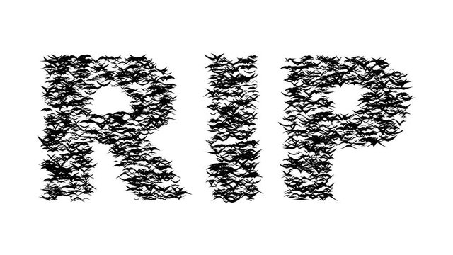 A flock of flying birds forms RIP. Rest In Peace formed by birds. 3D flock of birds, presentation for Halloween, looping animation