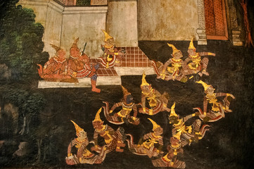 Golden Thai Ramayana drawing on a wall
