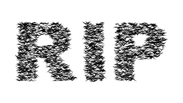 A flock of flying birds forms RIP. Rest In Peace formed by birds. 3D flock of birds, presentation for Halloween, looping animation