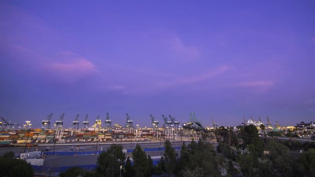 Time lapse with pan right motion of colorful sunset afterglow at Port of Los Angeles at twilight