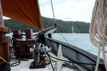 Bow of boat pointing towards island