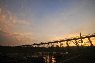 Twilight evening scene before sunset at Sangkhlaburi bamboo bridge