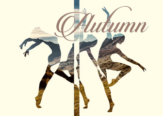 Autumn double exposure of dancers silhouettes and mountainscape