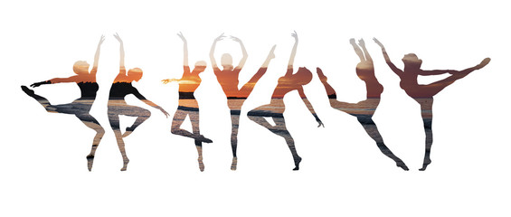 Fototapeta premium Double exposure of ballet dancers silhouette and seascape sunset