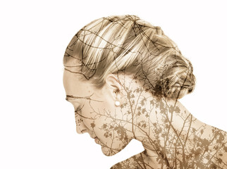 Double exposure of girl with beautiful hairdo and tree branches