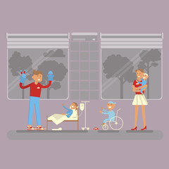 Volunteering. Flat young man and woman help ill kids. Volunteer show Puppet theater for sick child. Vector illustration volunteerism in hospital