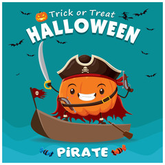 Vintage Halloween poster design with vector pirate character.