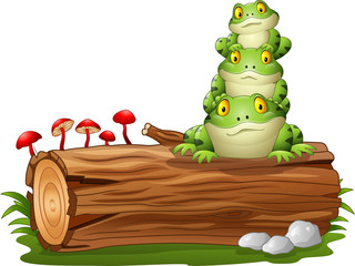 Naklejka premium Cartoon frog stacked on tree log