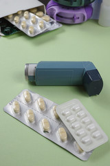 Asthma, allergy, illness relief concept, salbutamol inhalers an