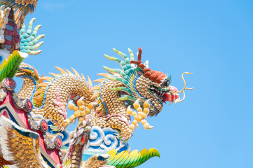 Chinese dragon with blue sky,Dragon statue on roof in chinese temple