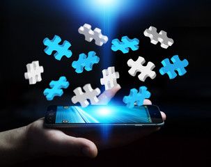 Businessman holding flying puzzle pieces 3D rendering