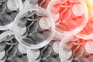 Coins and the bottle top view ,Thai baht coin saving background,savings coins - Investment And Interest Concept saving money concept