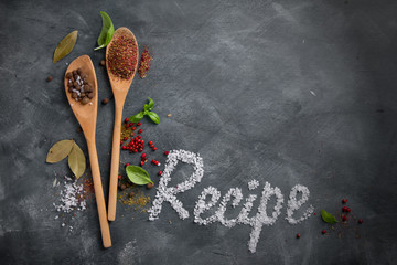 Wooden spoons with spices and recipe word