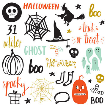 Halloween set with pumpkin, socks, witch, ghost, lettering and other.