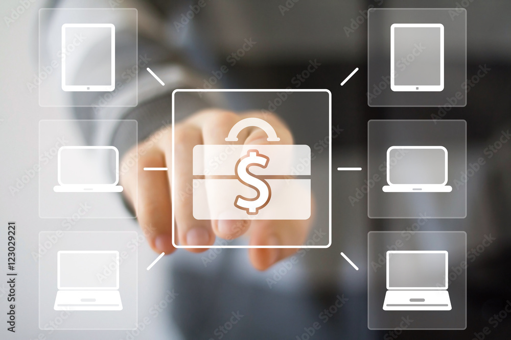 Poster businessman push button dollar currency computer web