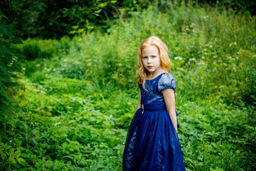 Obraz na płótnie Canvas Portrait of beautiful little girl in the blue dress on the nature
