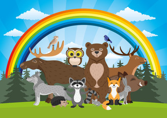 Forest animals and a rainbow.
